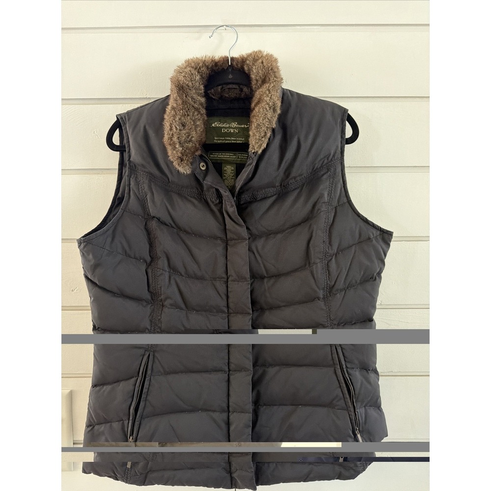 Eddie Bauer Goose Down Puffer Vest Black Women's Lg Faux Fur Collar GW996